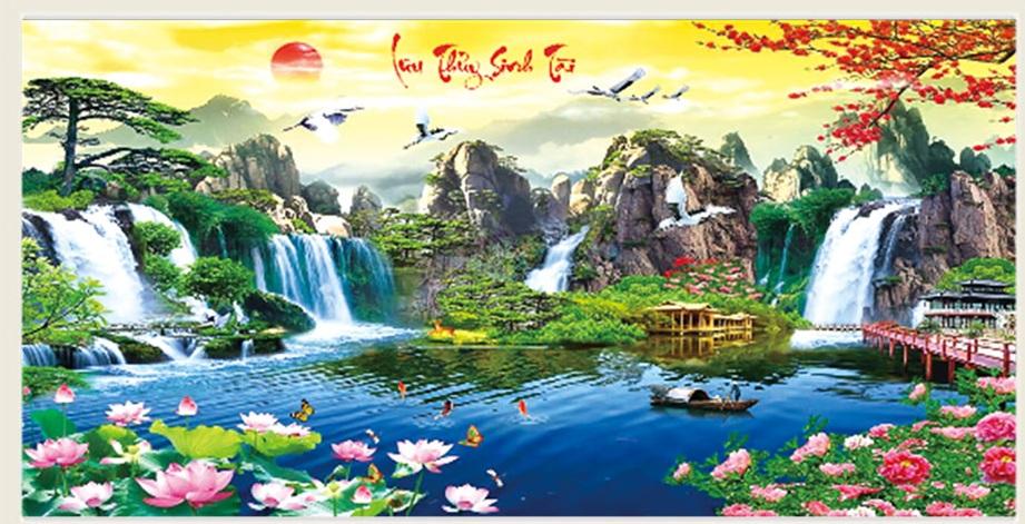 tranh thêu chữ thập Lưu thủy sinh tài - LV3020