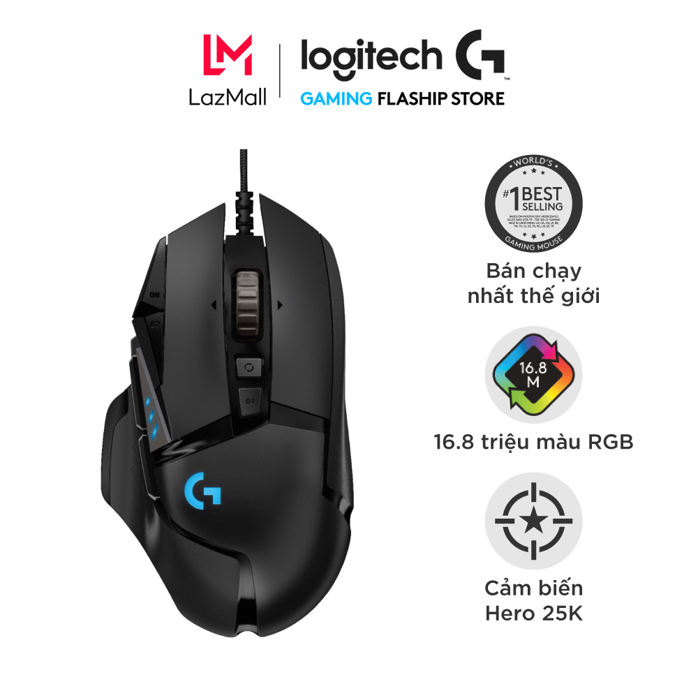 Chuột game Logitech G502 Hero - Cảm biến Hero 25k RGB Lightsync 11 nút lập trình kèm tạ