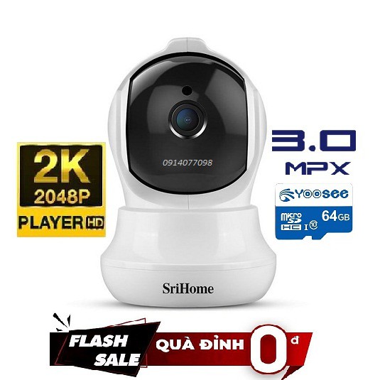 Camera wifi Srihome Full HD 3M(2304×1296) 2K Tặng Thẻ 64G