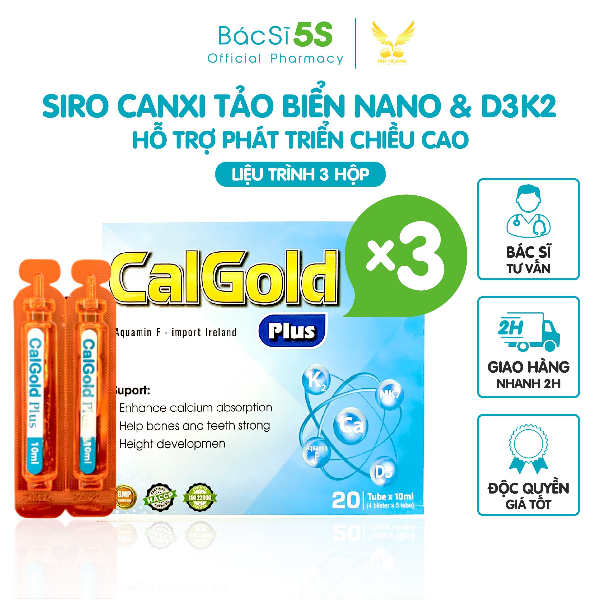 Siro tăng chiều cao canxi cho bé Calgold - Canxi tảo biển/canxi nano + K2(Mk7)+D3 - Xương răng khỏe