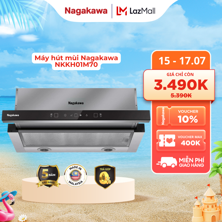 Máy hút mùi Nagakawa NKKH01M70 - 70cm, Bạc/Đen, Tuabin đôi, Hẹn giờ tắt sau 15 phút