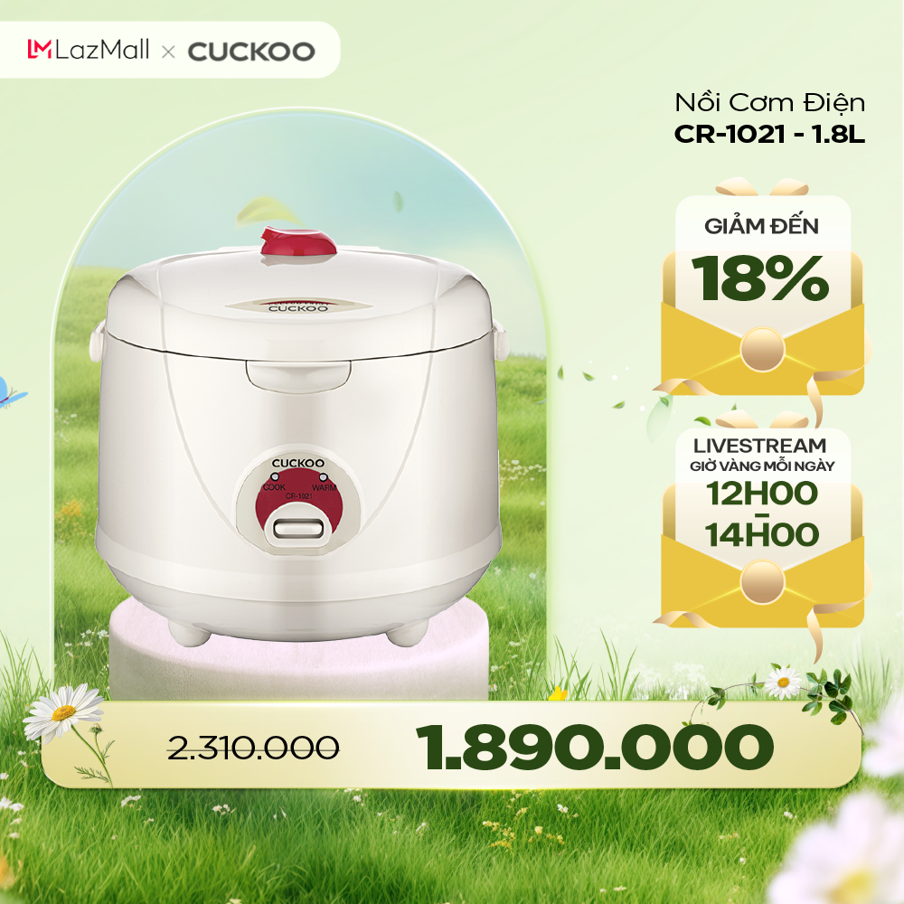 Nồi cơm điện Cuckoo 1.8 lít CR-1021 màu trắng - bản quốc tế tiếng Anh - Hàng chính hãng Cuckoo Việt 