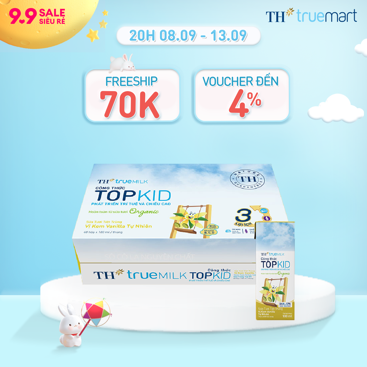 Thùng 48 hộp sữa tươi tiệt trùng TH true MILK TOPKID Organic vị kem vanilla tự nhiên 180 ml (180 ml 