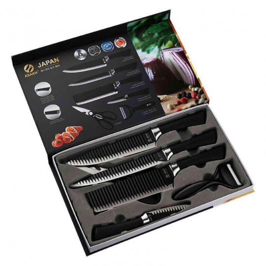 Bộ dao đen  gợn sóng  Japan Askh  6 món   full box siêu bền  -  6 món dao nhật inox - Bộ dao inox - dao chặt xương - dao thái thit - bo dao - dao nhà bếp - dao làm bếp