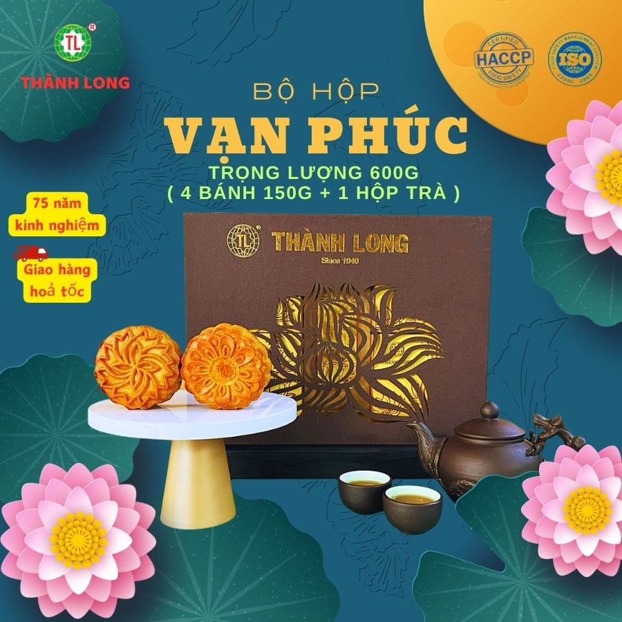 Bộ Hộp Bánh Trung Thu Thành Long Vạn Phúc 4 Bánh 1 Trứng  150g (600g) - Tặng kèm 1 hộp trà - Việt Na