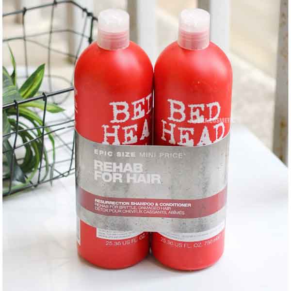 Cặp dầu gội đầu và dầu xả Tigi Bed Head Resurrection Shampoo & Conditioner 750ml đỏ phục hồi tóc hư tổn.