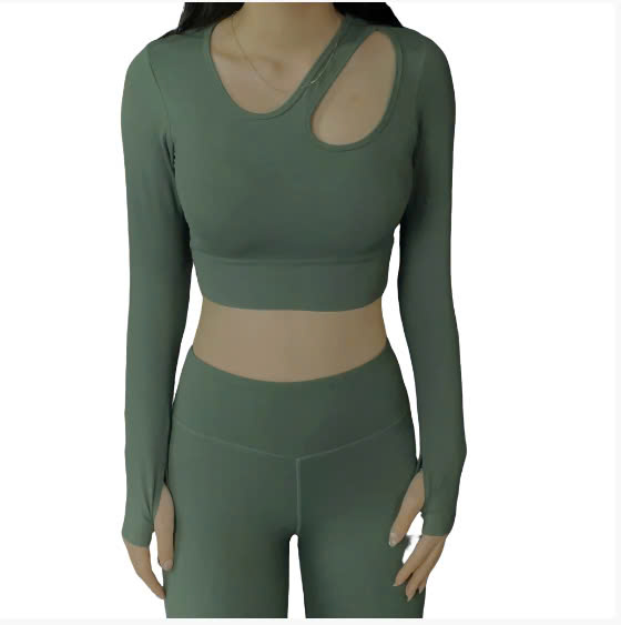 Áo Thể Thao Croptop Nữ Tay Dài Khoét Vai Tập Gym Yoga Pickleball Tay Dài Có Mút Ngực Có Xỏ Ngón-(Ao2