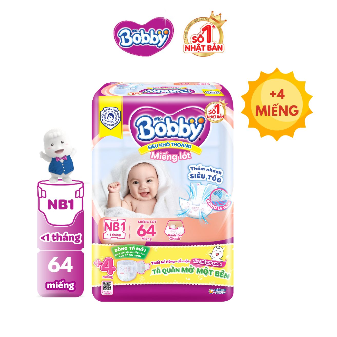 Combo 08 gói miếng lót sơ sinh Bobby Newborn 1-64 miếng