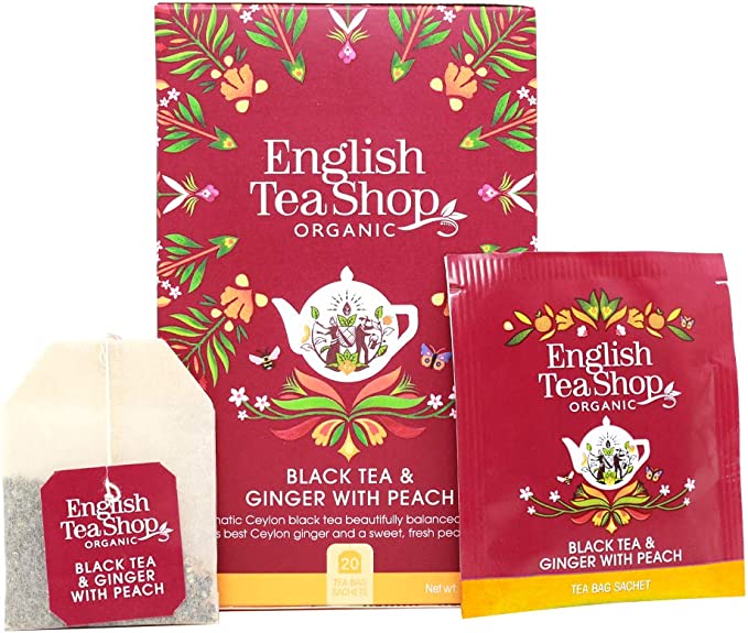 Trà túi lọc hữu cơ organic English Tea Shop Black Tea &amp; Ginger with Peach - trà đen hương đào gừng