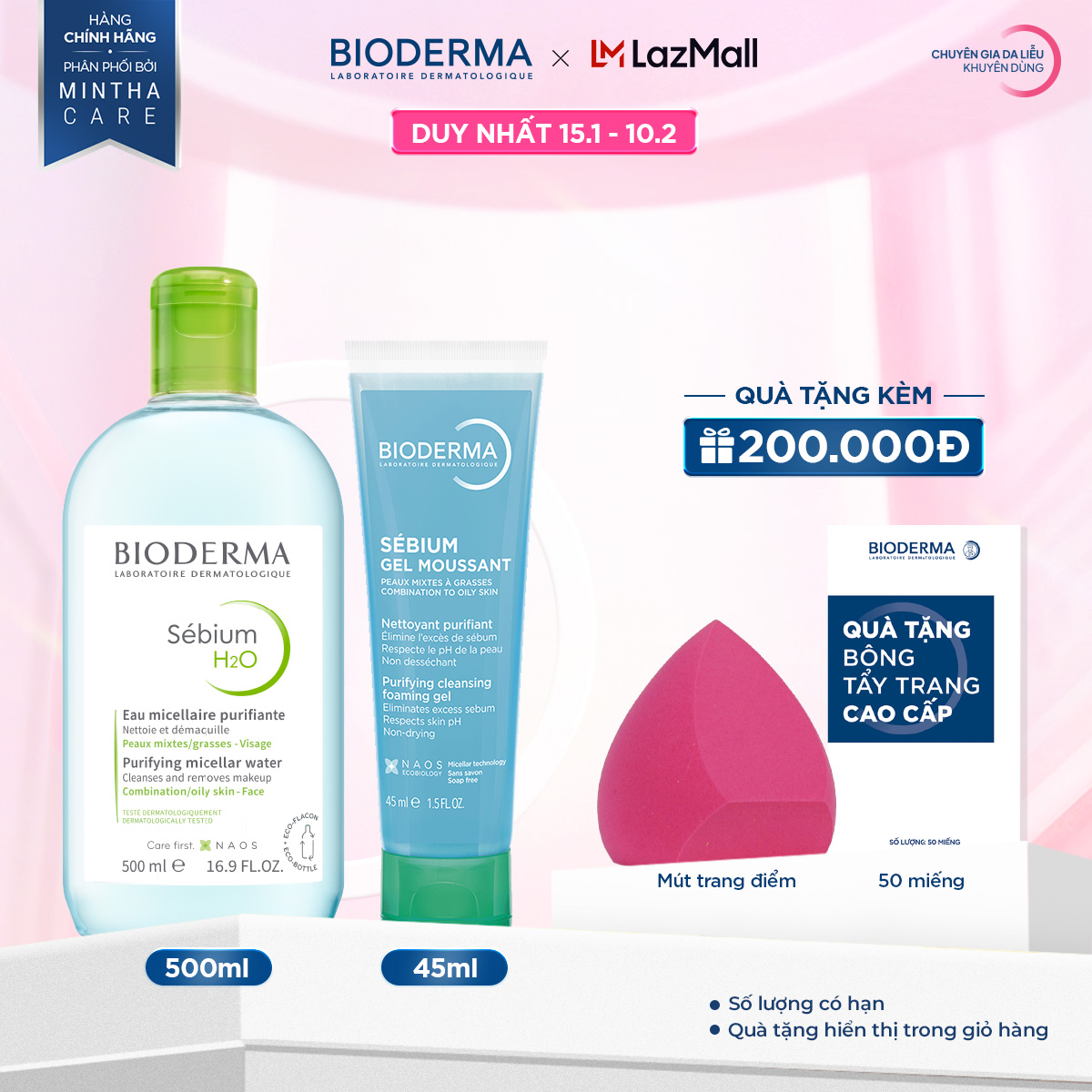 Bộ nước tẩy trang và làm sạch micellar cho da dầu mụn Bioderma Sebium H2O 500ml và gel rửa mặt tạo b