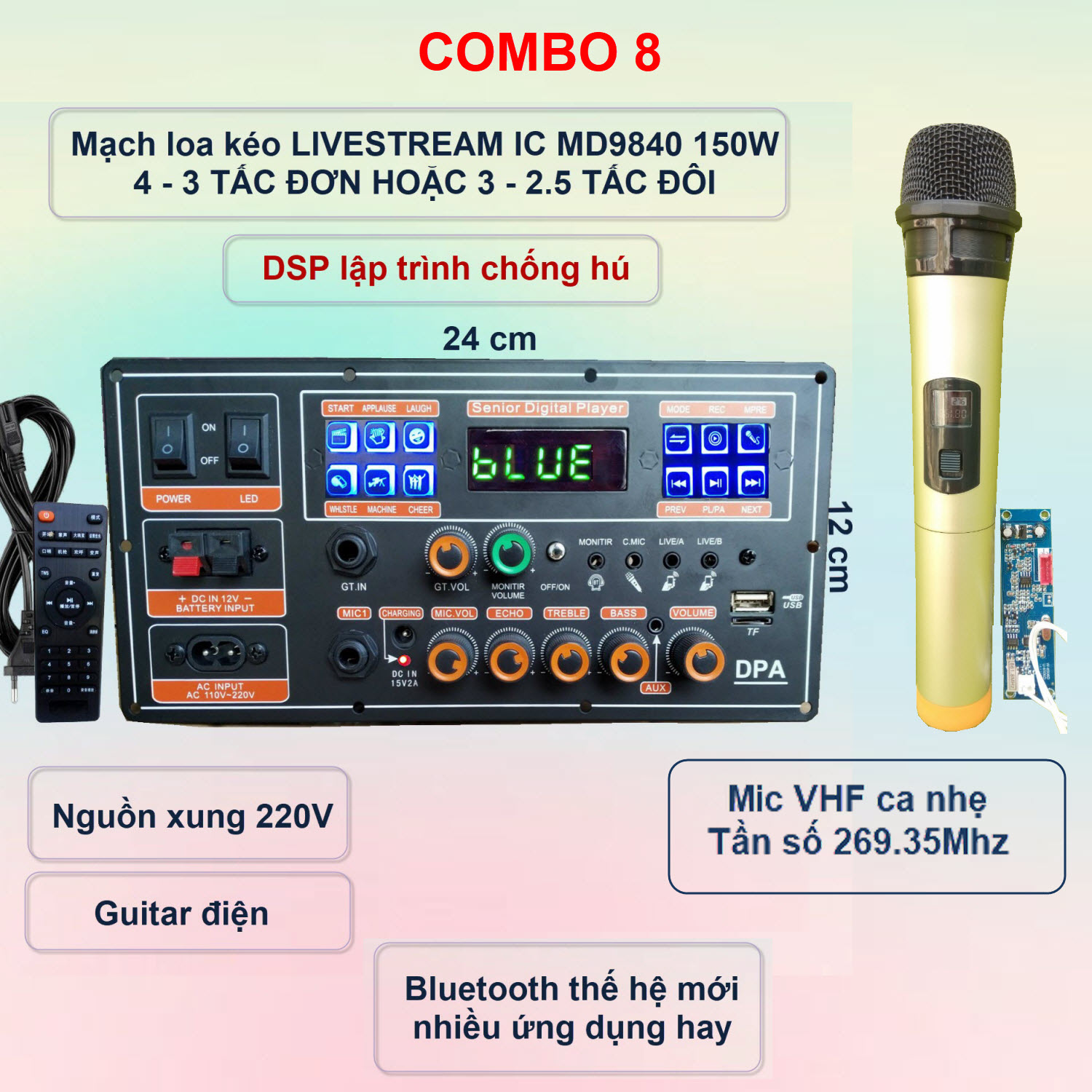 Mạch loa kéo LIVESTREAM DSP lập trình chống hú IC MD9840 150W có nguồn xung Loa kéo 4 – 3 tấc đơn hoặc 3 – 2.5 tấc đôi Kèm Mic