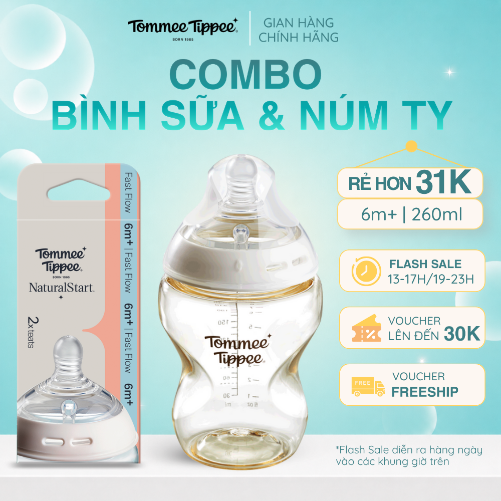COMBO Bình Sữa PPSU Ty Siêu Mềm Tự Nhiên Tommee Tippee Natural Start 260ml & Núm ty silicon thay thế 6M+