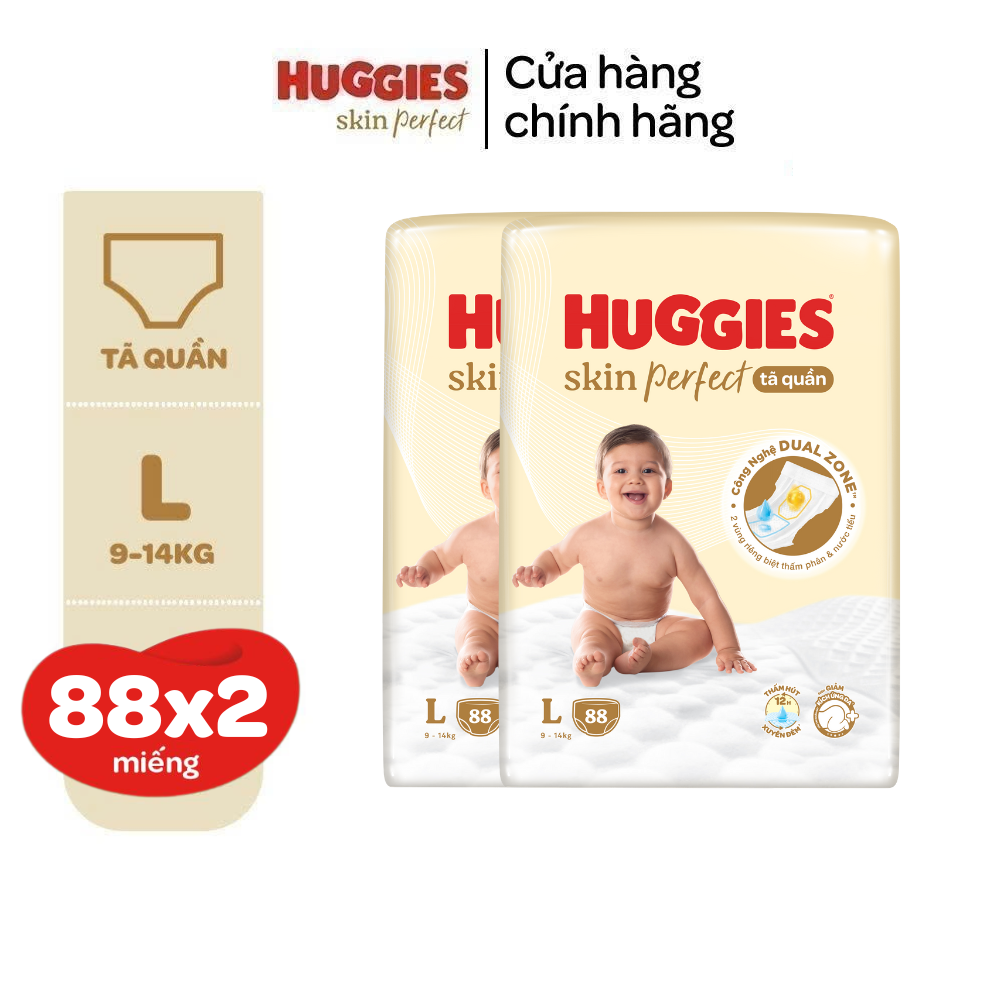 Combo 2 gói Tã quần Huggies Skin Perfect Mega Jumbo M98/L88/XL72+4/XXL64+4 miếng với 2 vùng thấm giảm kích ứng da
