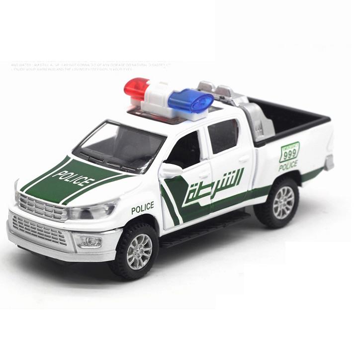 Đồ chơi trẻ em mô hình xe ô tô cảnh sát màu xanh lá có còi hú và đèn màu - xe bằng kim loại chạy cót mở được cửa xe