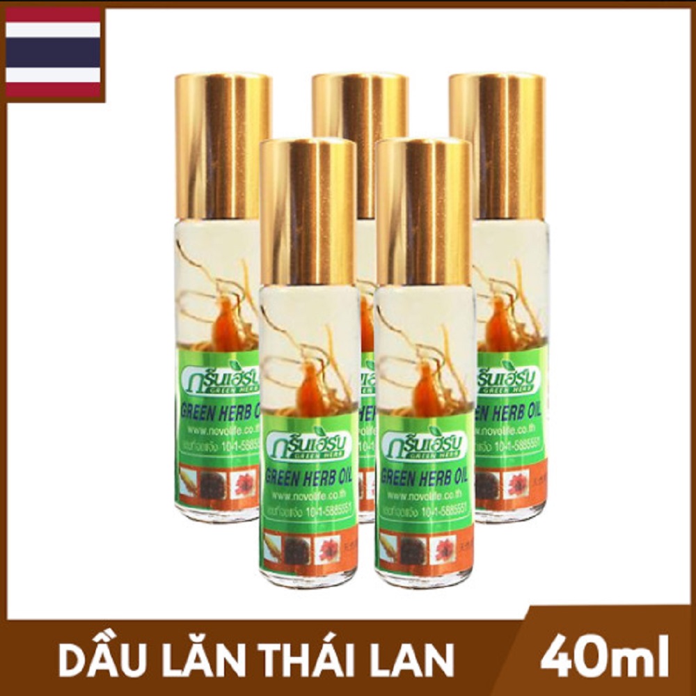 [Hcm][40Ml] Bộ 5 Dầu Gió Con Lăn Thảo Dược Sâm Thái Lan Green Herb Oil