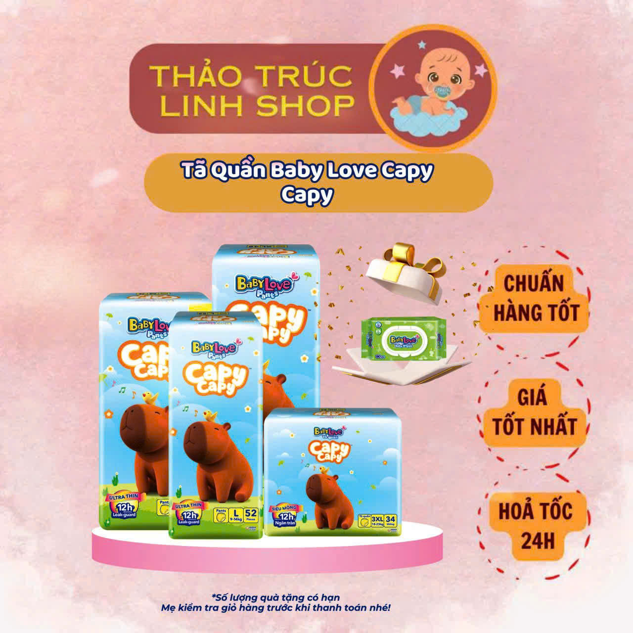 (2 gói tặng khăn ướt)Tã quần Baby Love Capy - Bỉm quần thiết kế chữ T chống tràn khô thoáng đủ size cho bé từ 6kg đến 35kg
