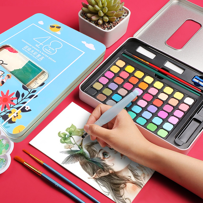 Bộ 48 Màu Nước Nén Solid Water Color Dạng Viên Hộp Thiếc Hộp Màu Vẽ Nước Sắc Tươi Sáng Kèm Cọ Vẽ Và Phụ Kiện Đầy Đủ