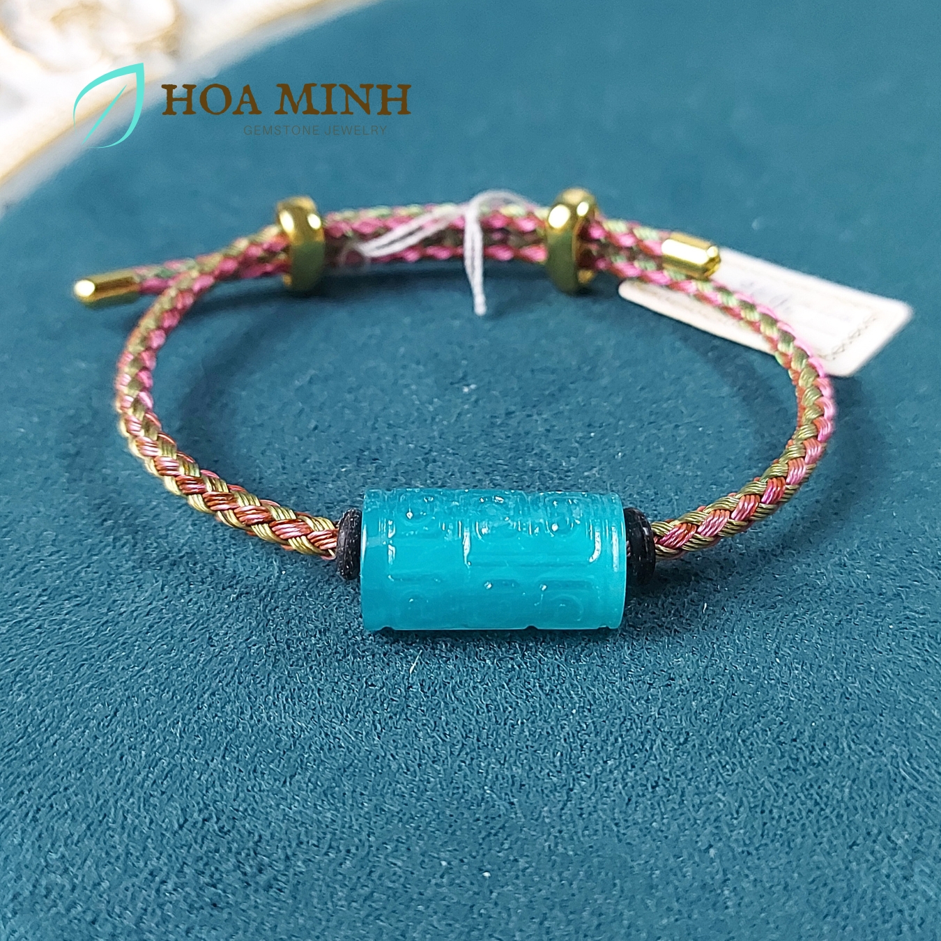 Vòng tay sợi dây cáp phối lu thống đá Amazonite size 11x20 li chạm khắc hoa văn thanh lịch thời tran