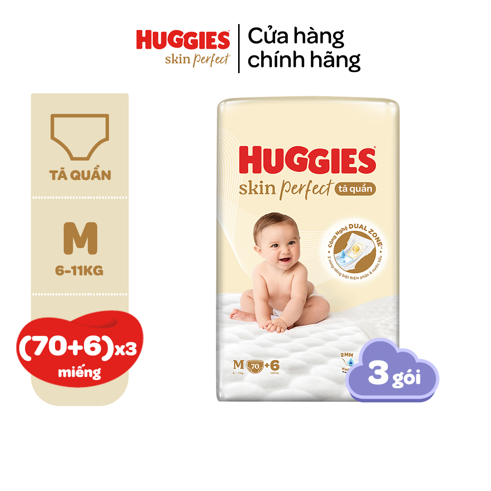 Combo 3 gói Tã/ Bỉm quần Huggies Skin Perfect Super Jumbo M70+6/L60+6/XL52+6/XXL48+6 miếng Với 2 Vùn