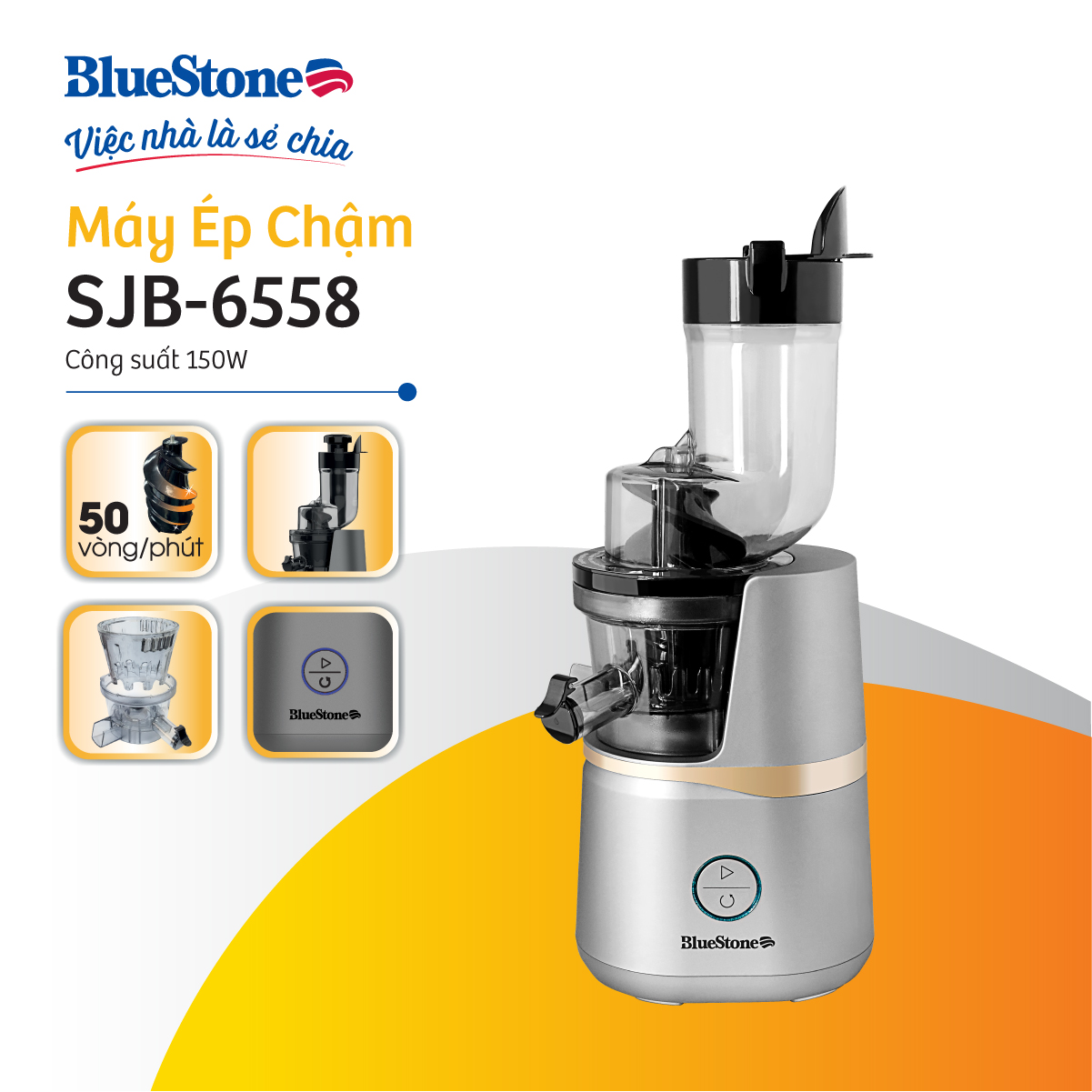 Máy Ép Chậm BlueStone SJB-6558 - Công suất 150W - Tốc độ 50 vòng/phút - Ống tiếp nguyên liệu 86mm - 