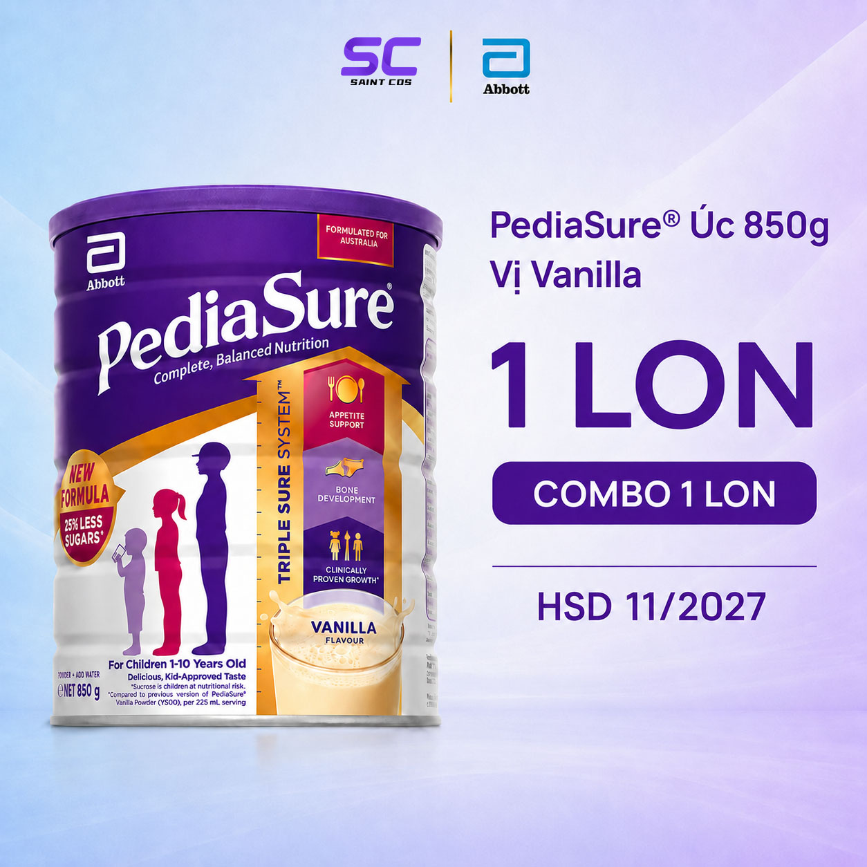 Sữa bột Abbott PediaSure Úc 850g vị Vanilla cho trẻ 1-10 tuổi 28 vitamin & khoáng chất