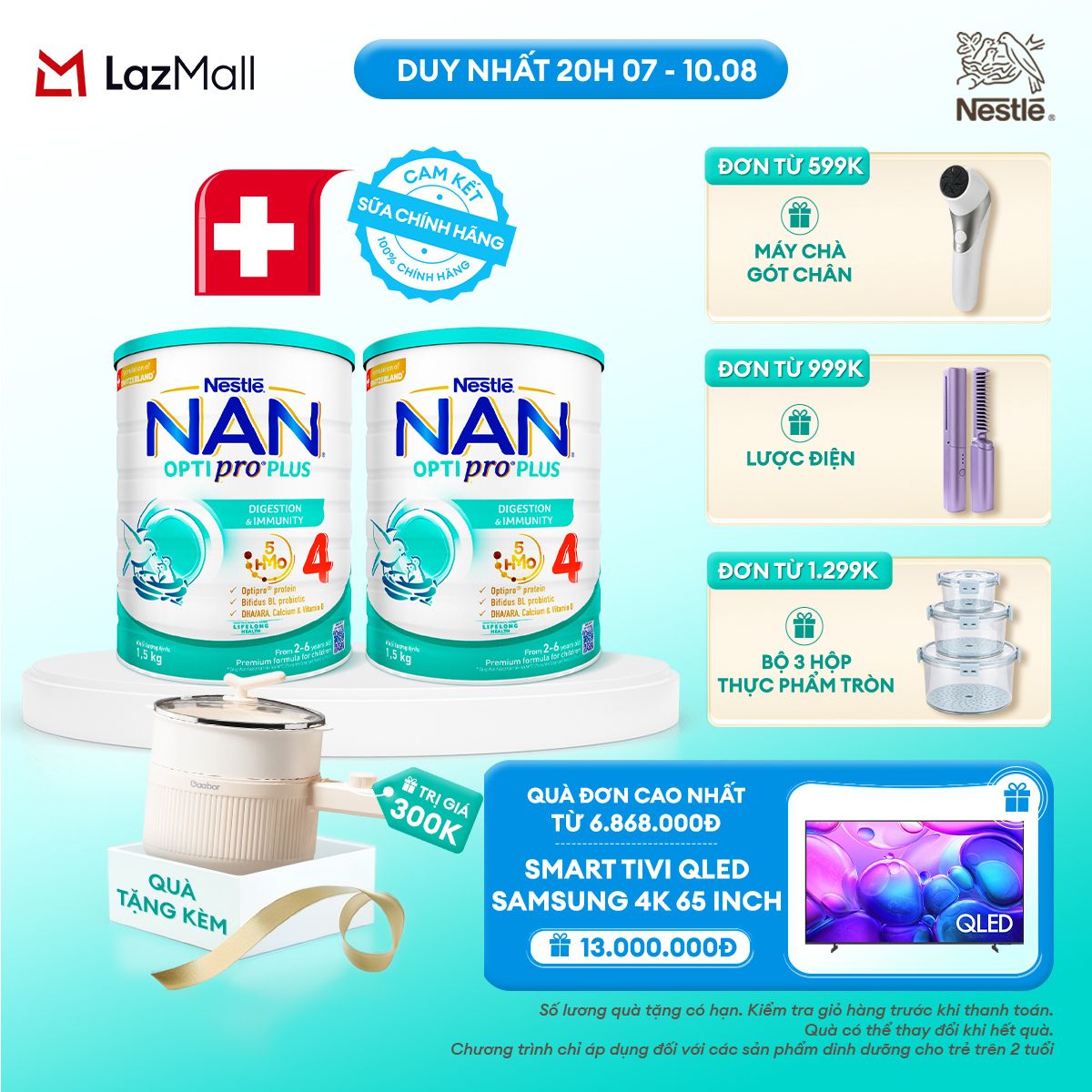 [CHỈ 20H 07-10.08 QT ĐƠN 599K/999K/1299K] [Tặng Nồi lẩu điện Gaabor] Bộ 2 lon Sữa Bột Nestlé NAN OPTIPRO PLUS 4 1500g Cho Bé 2 - 6 Tuổi: Công Thức Độc Quyền Nhập Khẩu Từ Thụy Sỹ Chứa Phức Hợp 5-HMO