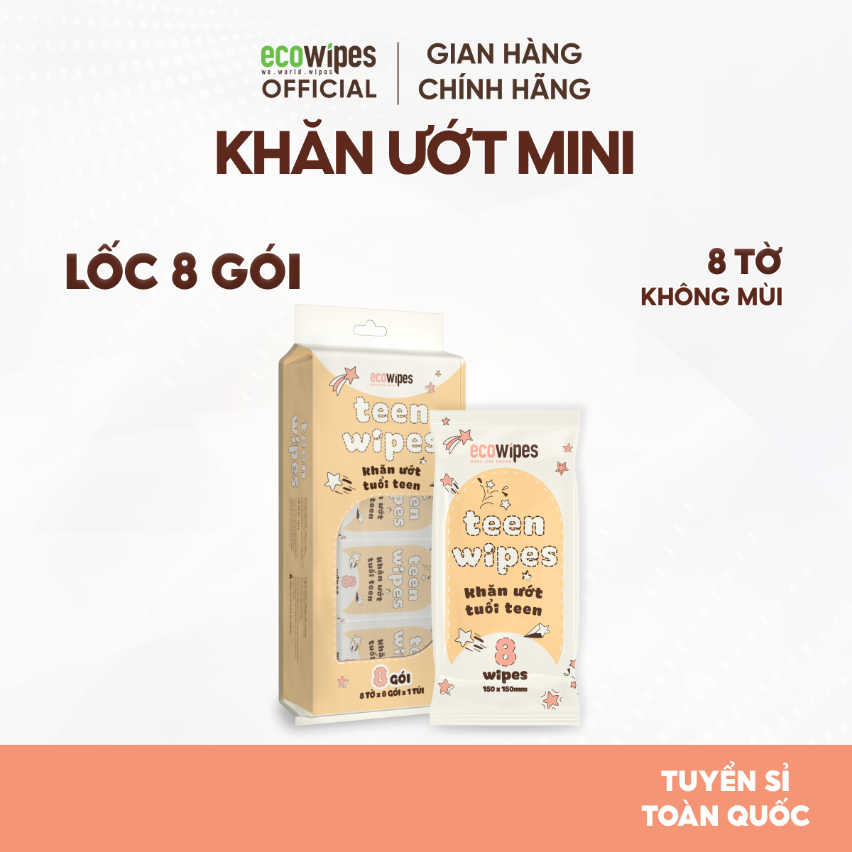Túi 18 gói khăn giấy ướt mini size EcoWipes gói 8 tờ không mùi nhỏ gọn tiện dụng cho học sinh sinh viên