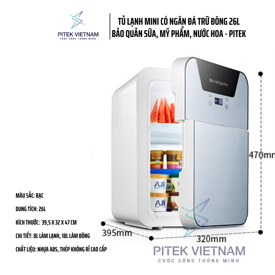 Tủ đông mini 2 cửa PITEK có ngăn đá trữ đông 26L bảo quản sữa mỹ phẩm nước hoa - Masteri Zone BẢO HÀ