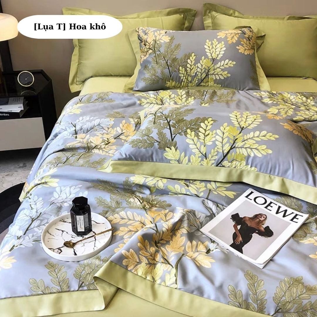 Bộ chăn ga gối lụa thái M2T Bedding - chăn hè chần bông ga giường và 2 vỏ gối nằm - Ga giường bo chu