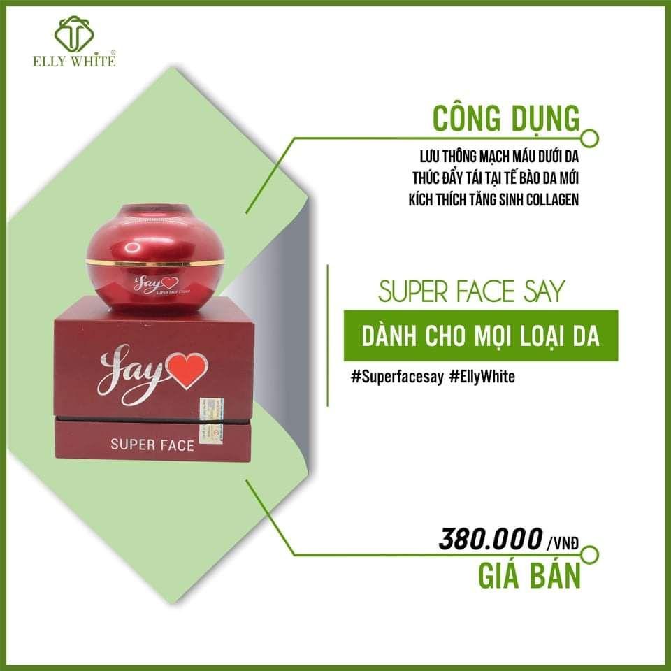 Super Face Cream 40gr (Kem Face Say Ellywhite)/Làm trắng da  Mờ nám tàn nhang đồi mồi  Giúp da mịn màng  Ngừa lão hoá chống nhăn da.  Có chống nắng