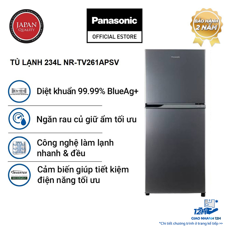 [Trả góp 0%] Tủ lạnh Panasonic Inverter 234 lít NR-TV261APSV - Diệt khuẩn 99.99% - Tiết kiệm điện - Bảo hành chính hãng 24 tháng