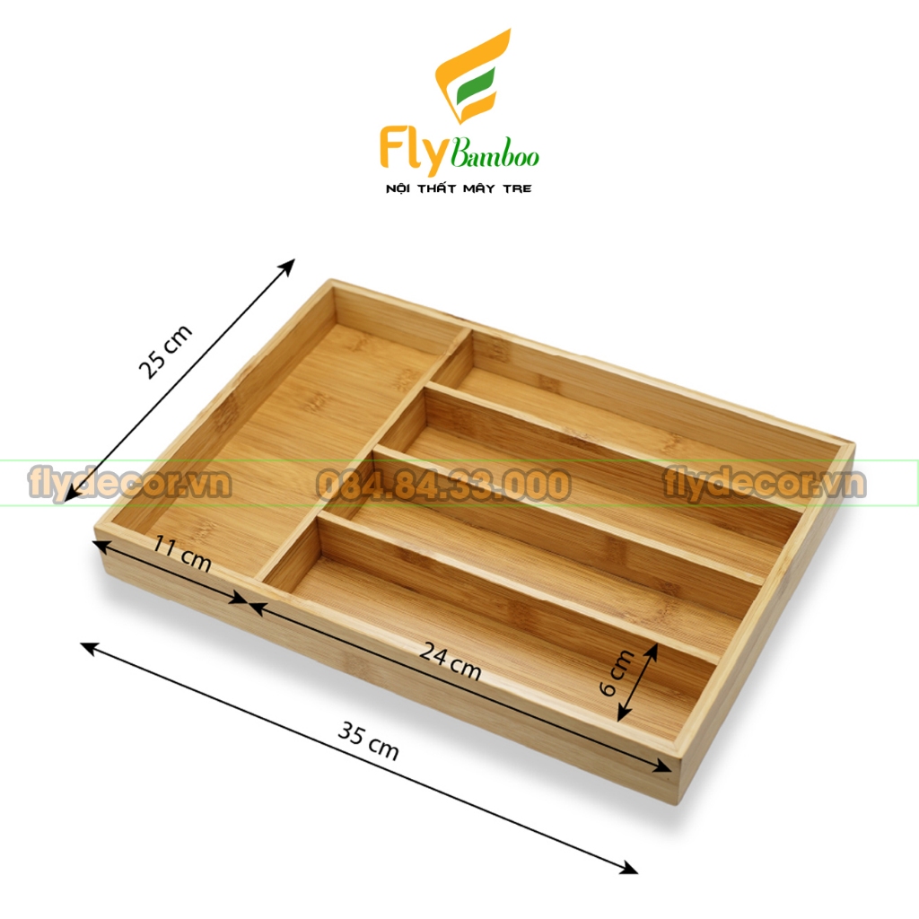 Khay chia thìa khay chia nĩa gỗ tre chia ngăn kéo tủ bếp đựng muỗng đũa thìa dĩa 5 ngăn - Flybamboo