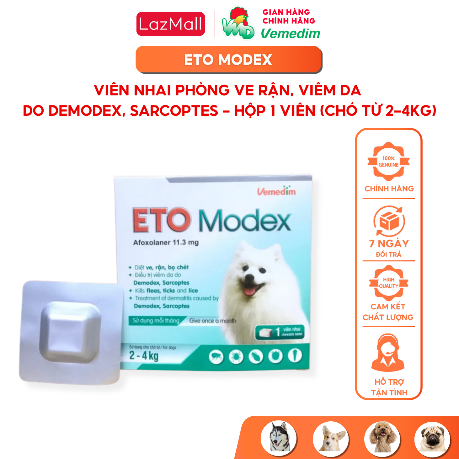 Vemedim ETO Modex - Diệt ve rận bọ chét viêm da do Demodex Sarcoptes cho chó hộp 1 viên