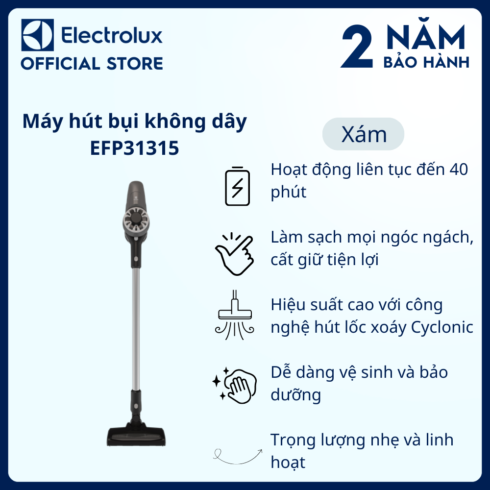 Máy hút bụi không dây Electrolux EFP31315 - Hiệu suất cao Làm sạch mọi ngóc ngách Dễ dàng vệ sinh và