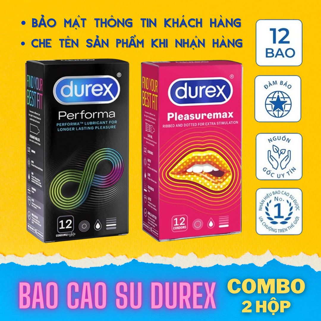 [2 Hộp] Bao cao su chống xuất tinh sớm  Durex Performa kéo dài thời gian quan hệ + Bao cao su nam có gai Durex Pleasuremax gân gai 💝