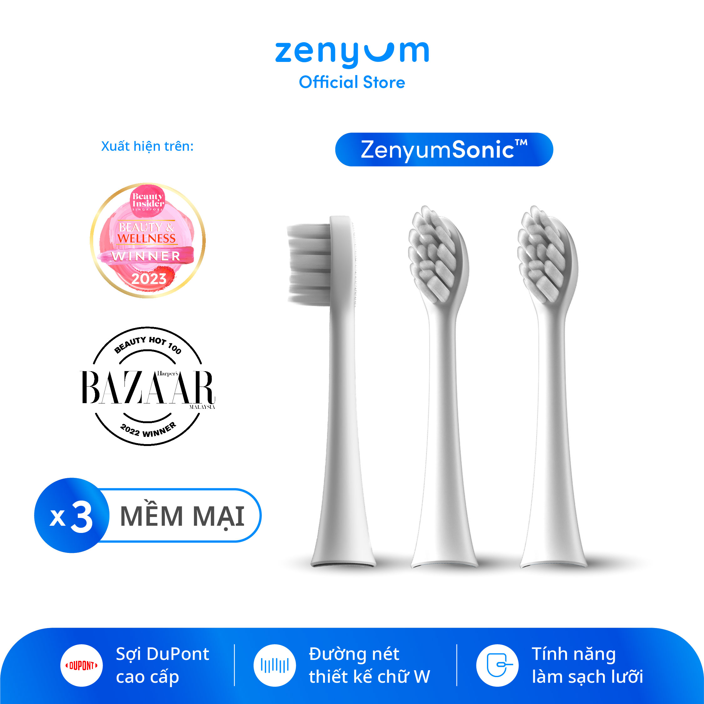 Combo 3 Đầu Bàn Chải Điện Zenyum Sonic Thay Thế - Màu Tự Chọn (Trắng Đen Hồng Xanh Dương Xanh Mint)