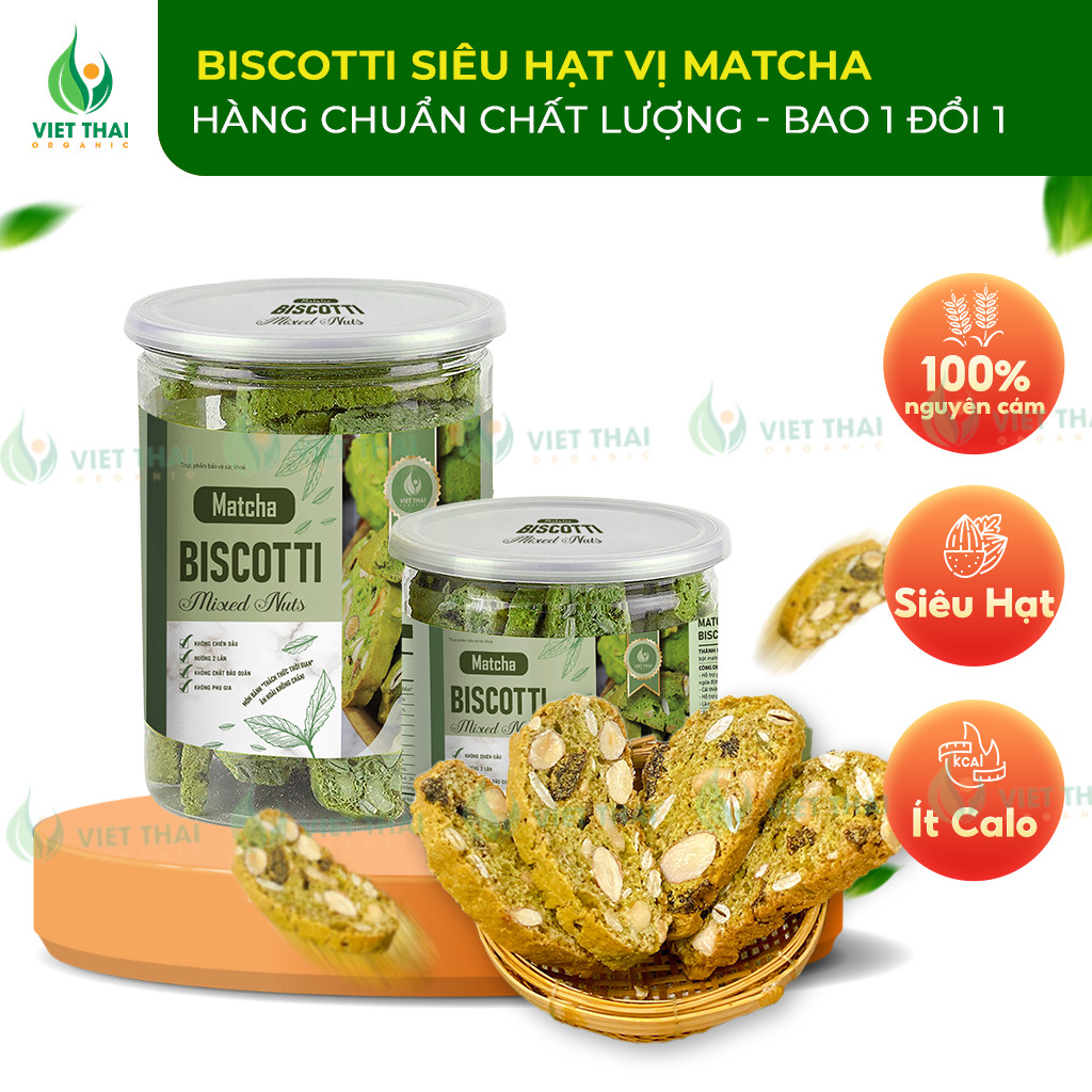 Bánh Biscotti Matcha ăn kiêng giảm cân heathly 100% nguyên cám siêu hạt ăn sáng dinh dưỡng Việt Thái Organic