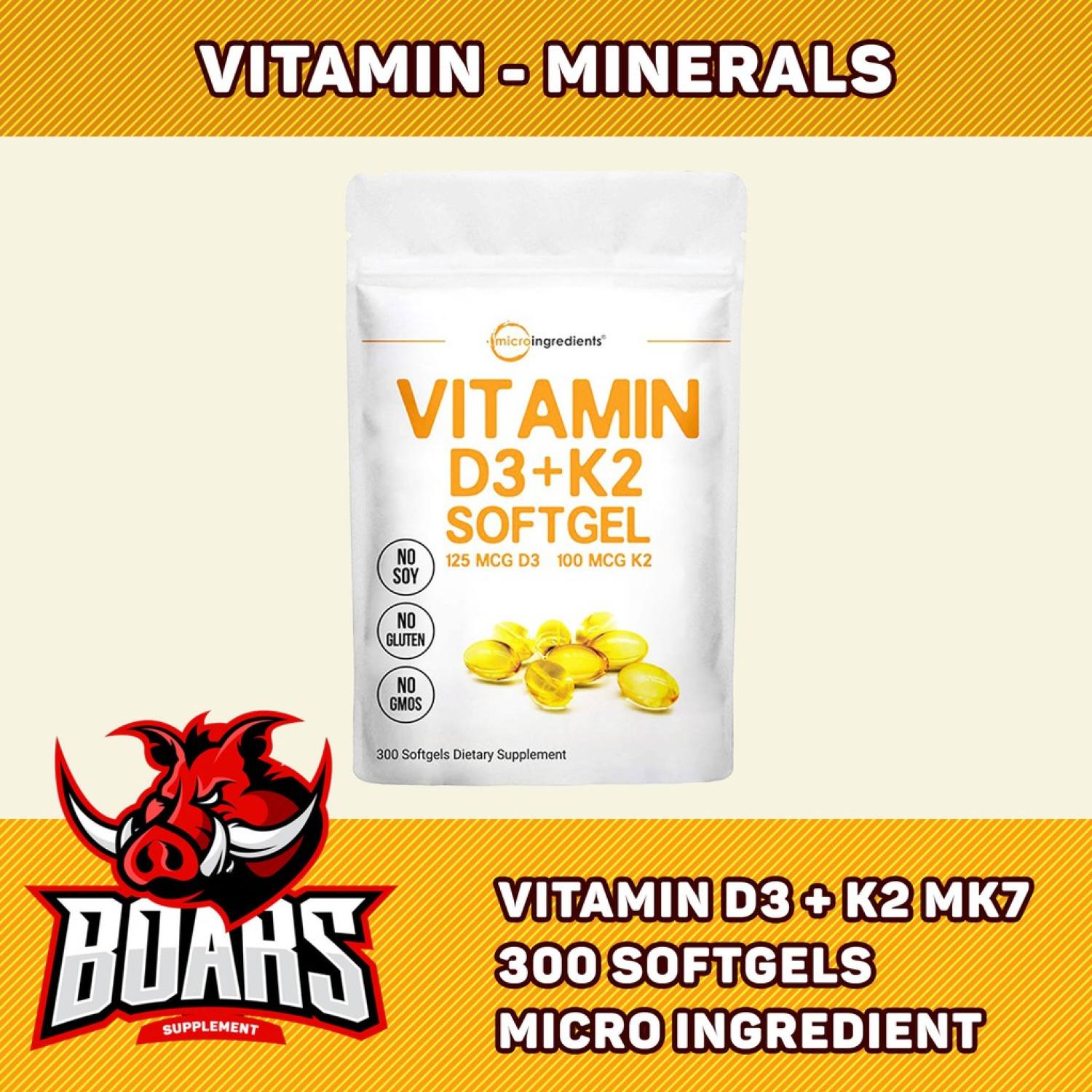 Viên Uống Micro Ingredients Vitamin D3 + K2 MK7 Tăng Cường Sức Khỏe Túi 300 Viên