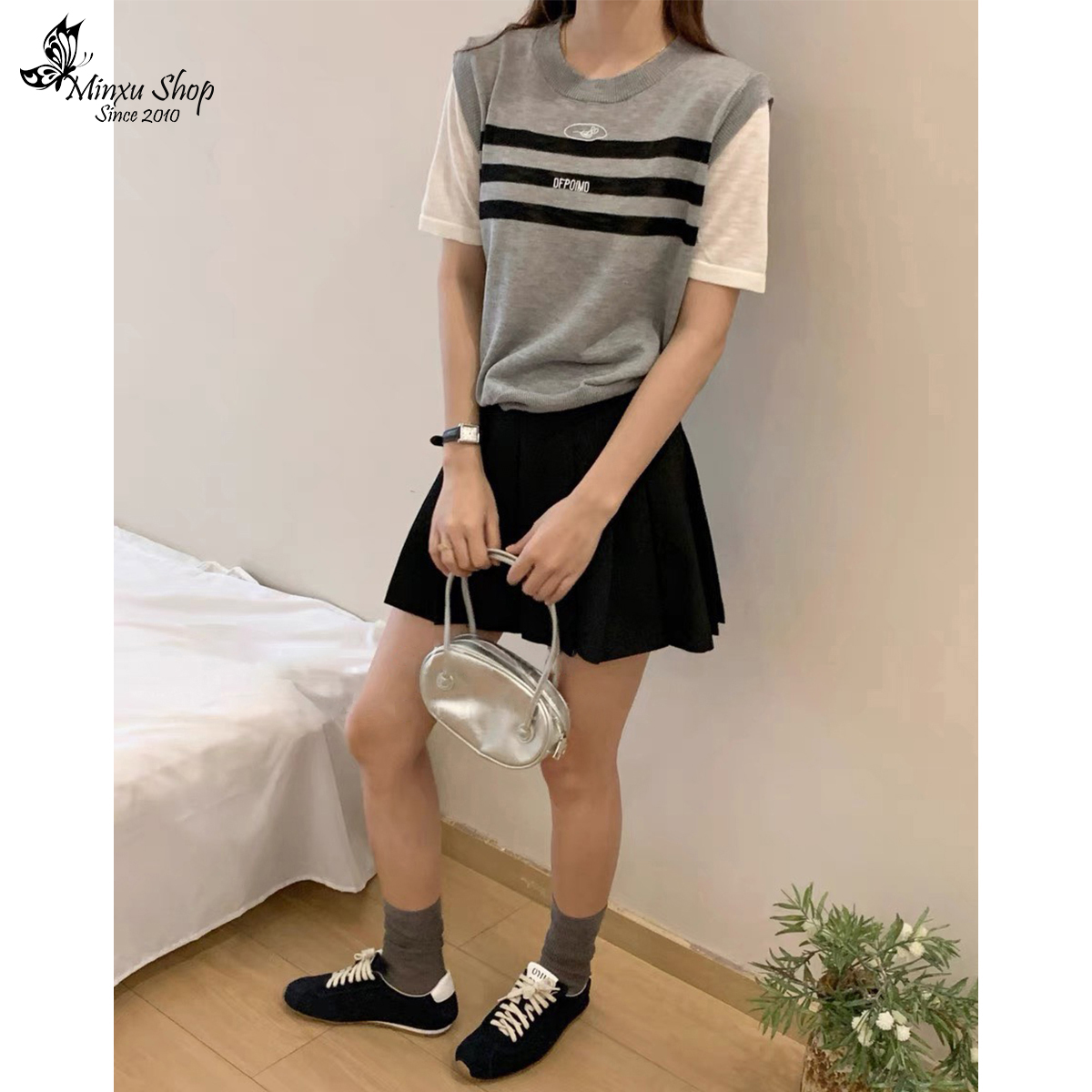 Áo Len Nữ Cổ Tròn 3 Sọc Kiểu Gile Liền Chất Mongtoghi Mỏng Nhẹ Hàng QC Minxu Shop PZ68