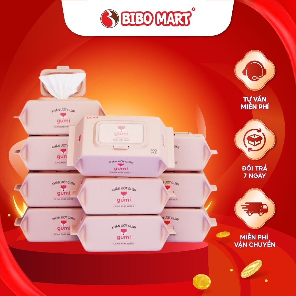 Thùng 10 Gói Khăn Uớt 100 Tờ Gumi Không Mùi Cho Bé