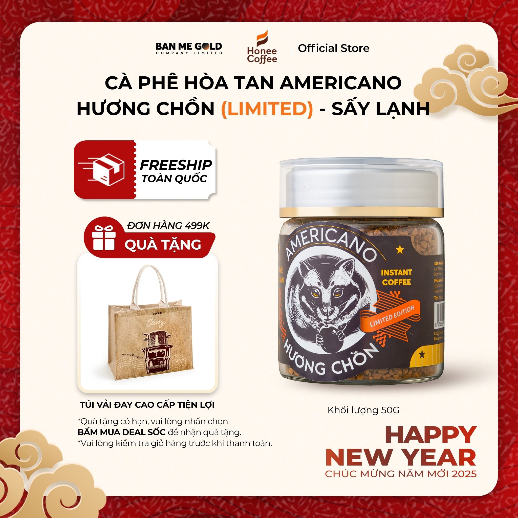 [LIMITED] Cà Phê Hương Chồn Americano (50g) Cafe Chồn Hòa Tan Sấy Lạnh Arabica Thượng Hạng Ban Me Go