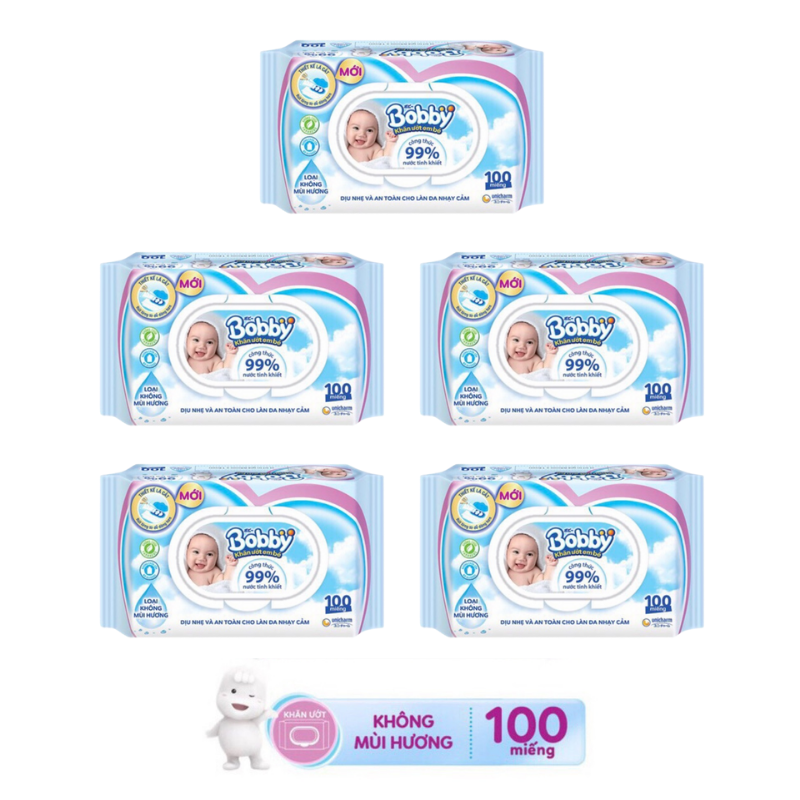 Set 5 Khăn Giấy Ướt Bobby không hương 100 tờ cho bé