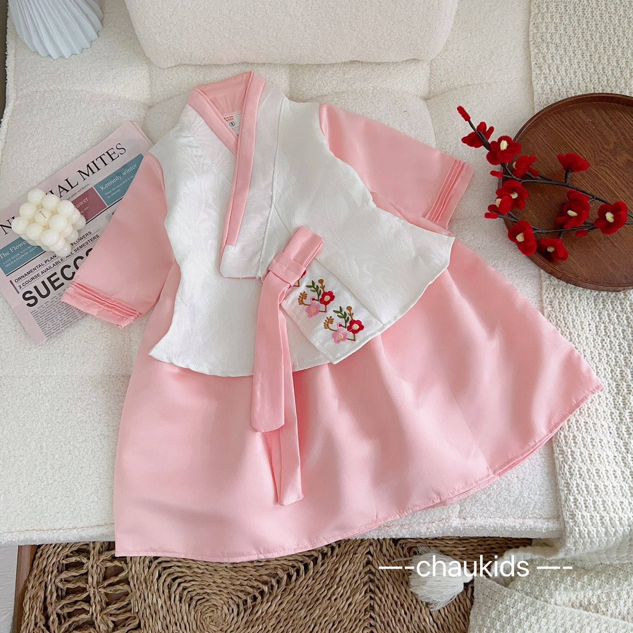 Đầm hanbok cho bé gái - váy hanbok cho bé gái gồm cài tóc chất phi mềm mát - đầm hanbok hàn quốc cho