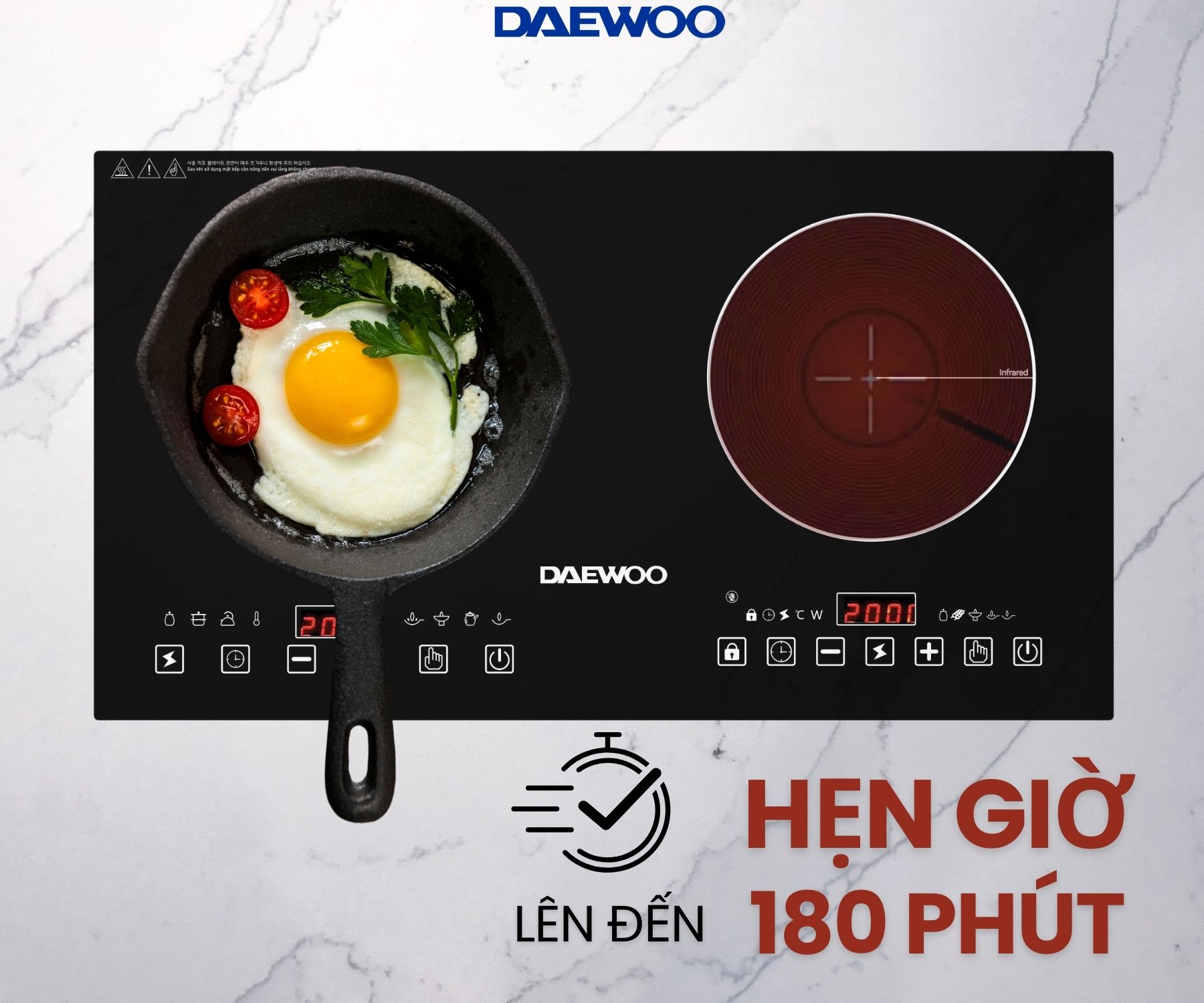 Bếp Đôi Điện Từ Hồng Ngoại Daewoo DWHB-3801C mặt kính pha lê bóng 3800W