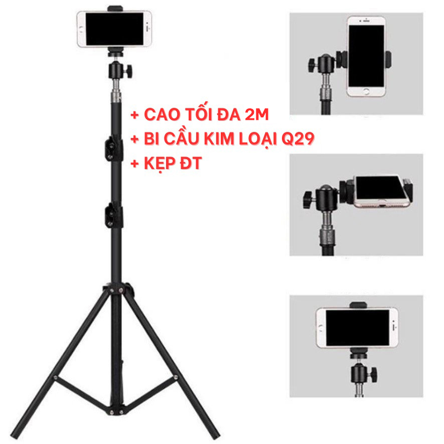 Gía đỡ điện thoại 3 chân Cây livestream TRIPOD chụp ảnh quay phim Chân 2m bi cầu q29 kẹp điện thoại 