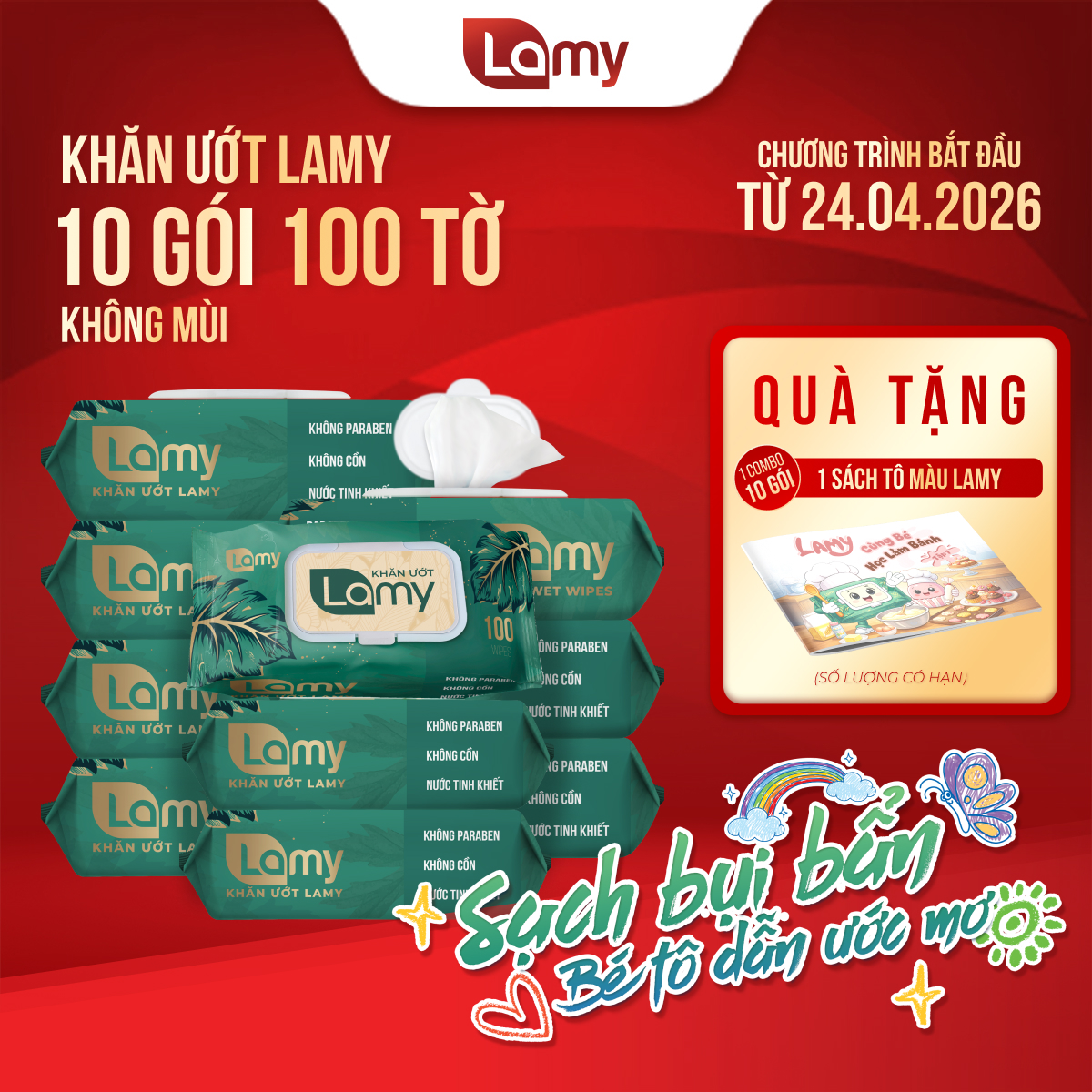 [LAMY OFFICIAL]_Thùng 10 gói khăn ướt Lamy không cồn không parabens cao cấp dành cho em bé gói 100 tờ