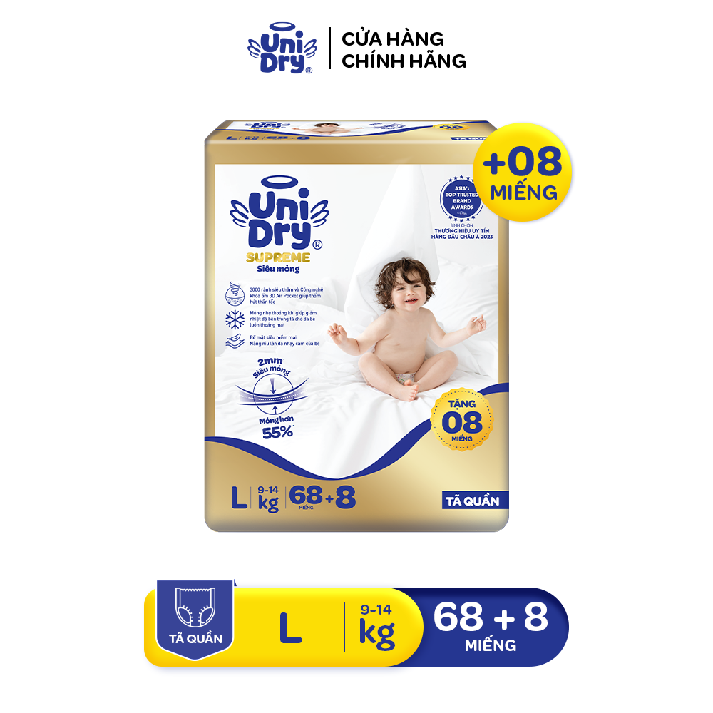 [Siêu mỏng 2mm] Tã quần UniDry Supreme size M76/L68/XL60/XXL54/XXXL22+ 8 miếng