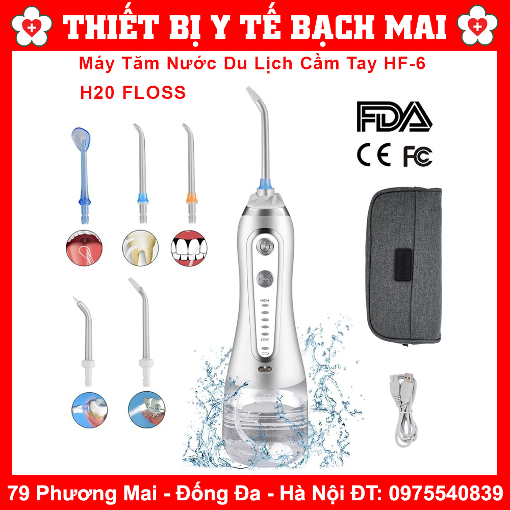 Máy Tăm Nước H20Floss Hf - 6 Tăm Nước Cầm Tay H2O Floss Hf6 Có 5 Đầu Tăm Và Túi Du Lịch Bảo Hành 12 Tháng