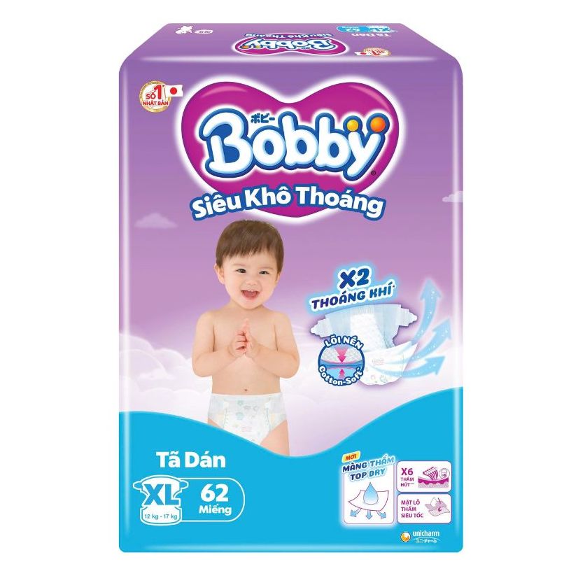 [MẪU MỚI] Tã Dán Bobby Siêu Khô Thoáng Lõi Nén Cotton-Soft Size XL62 Cho Bé Từ 12 Kg Đến 17 Kg - Kho Bỉm Thanh Ngân