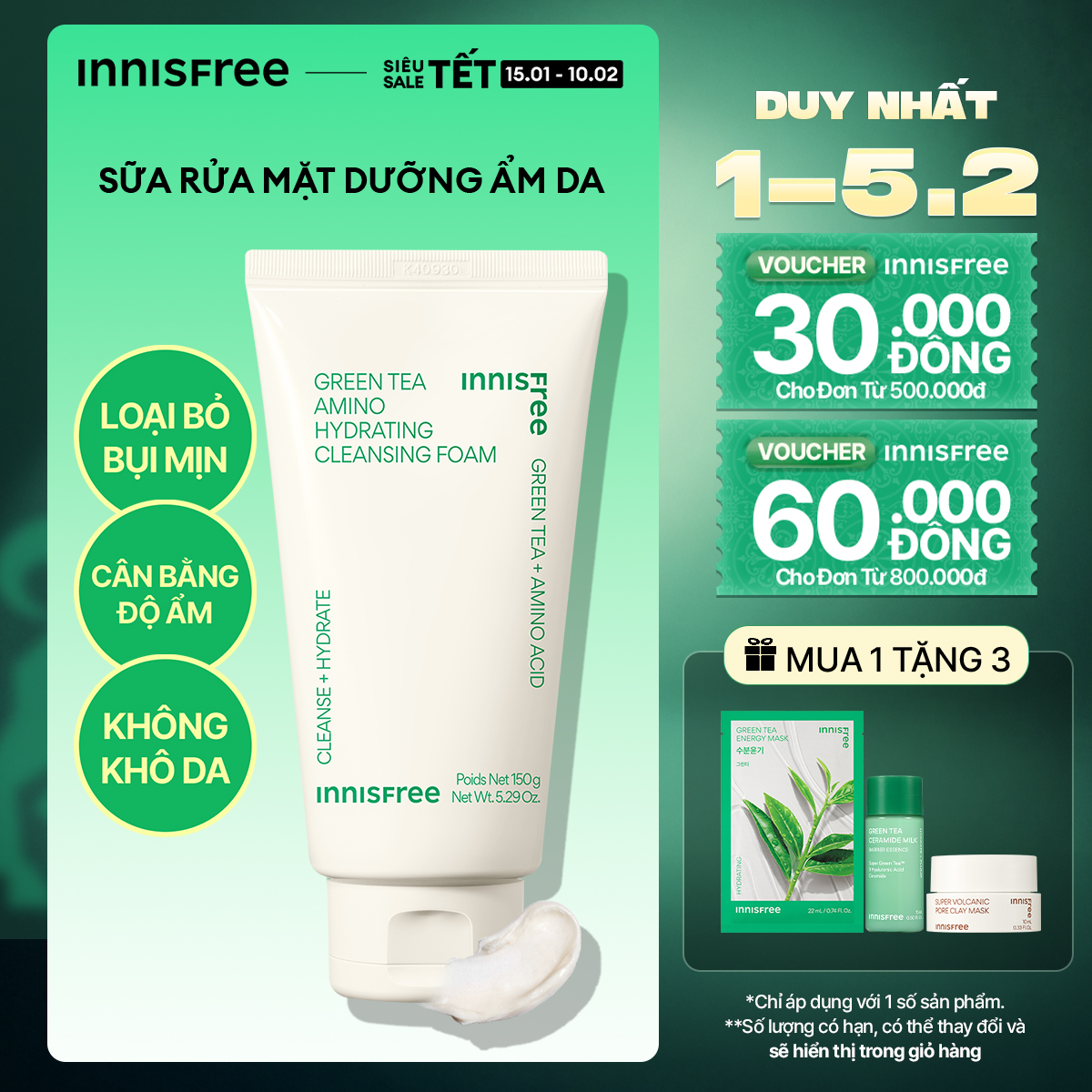 Sữa rửa mặt trà xanh sạch sâu ẩm mịn INNISFREE Green Tea Amino Cleansing Foam 150g